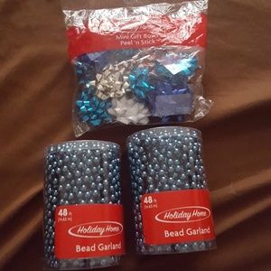 2 sets holiday blue beads and 12 mini gift bows